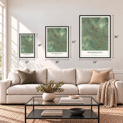Bendersville, Pennsylvania map in 12 x 18, 18 x 24 and 24 x 36 inch sizes above a sofa