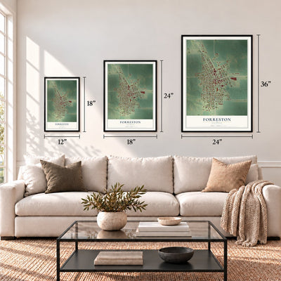 Forreston, Illinois map in 12 x 18, 18 x 24 and 24 x 36 inch sizes above a sofa