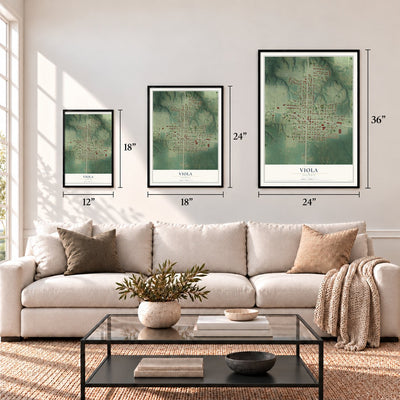 Viola, Illinois map in 12 x 18, 18 x 24 and 24 x 36 inch sizes above a sofa