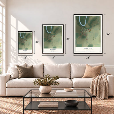 Biggers, Arkansas map in 12 x 18, 18 x 24 and 24 x 36 inch sizes above a sofa