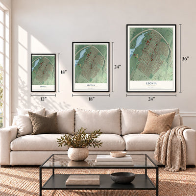 Leonia, New Jersey map in 12 x 18, 18 x 24 and 24 x 36 inch sizes above a sofa