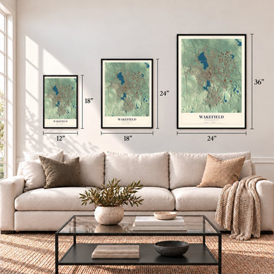 Wakefield, Massachusetts map in 12 x 18, 18 x 24 and 24 x 36 inch sizes above a sofa