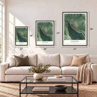 Sylvester, West Virginia map in 12 x 18, 18 x 24 and 24 x 36 inch sizes above a sofa