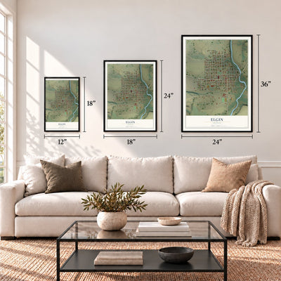 Elgin, Oregon map in 12 x 18, 18 x 24 and 24 x 36 inch sizes above a sofa