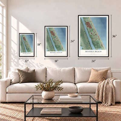 Beverly Beach, Florida map in 12 x 18, 18 x 24 and 24 x 36 inch sizes above a sofa