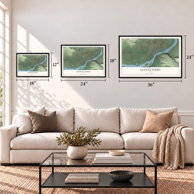 Glenns Ferry, Idaho map in 12 x 18, 18 x 24 and 24 x 36 inch sizes above a sofa