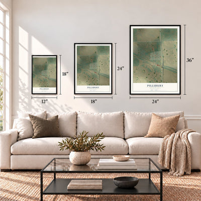 Pillsbury, North Dakota map in 12 x 18, 18 x 24 and 24 x 36 inch sizes above a sofa
