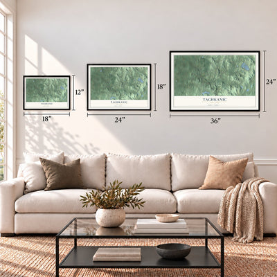 Taghkanic, New York map in 12 x 18, 18 x 24 and 24 x 36 inch sizes above a sofa