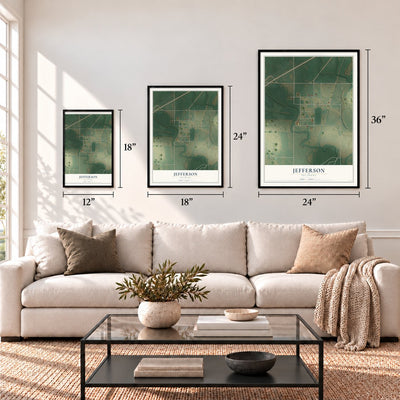 Jefferson, Oklahoma map in 12 x 18, 18 x 24 and 24 x 36 inch sizes above a sofa
