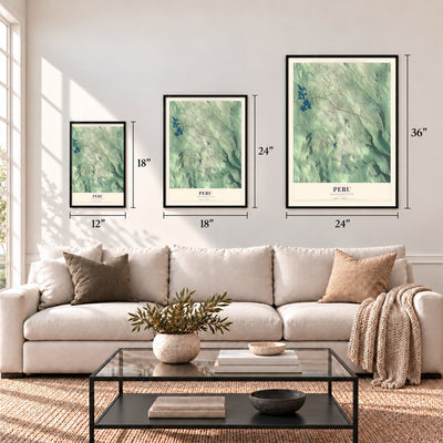 Peru, Massachusetts map in 12 x 18, 18 x 24 and 24 x 36 inch sizes above a sofa
