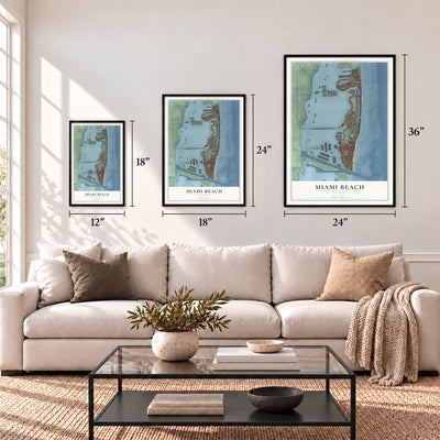 Miami Beach, Florida map in 12 x 18, 18 x 24 and 24 x 36 inch sizes above a sofa