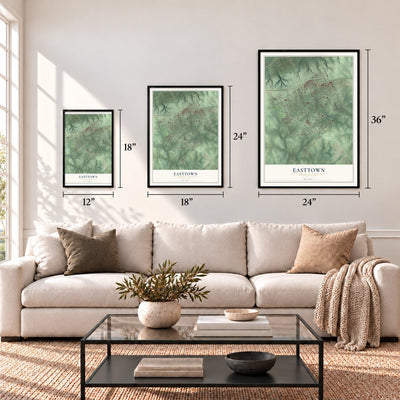 Easttown, Pennsylvania map in 12 x 18, 18 x 24 and 24 x 36 inch sizes above a sofa