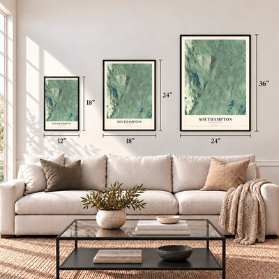 Southampton, Massachusetts map in 12 x 18, 18 x 24 and 24 x 36 inch sizes above a sofa
