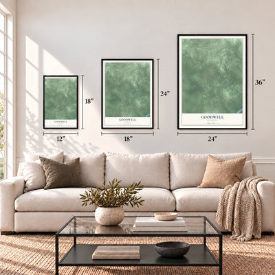 Goodwell, Michigan map in 12 x 18, 18 x 24 and 24 x 36 inch sizes above a sofa