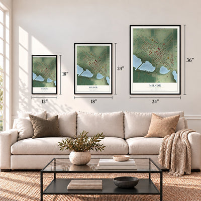 Milnor, North Dakota map in 12 x 18, 18 x 24 and 24 x 36 inch sizes above a sofa