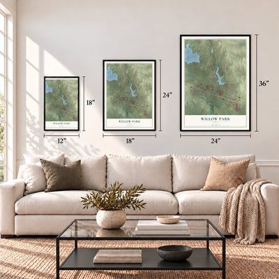 Willow Park, Texas map in 12 x 18, 18 x 24 and 24 x 36 inch sizes above a sofa