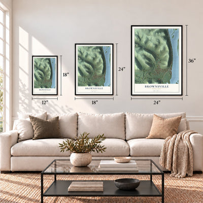 Brownsville, Minnesota map in 12 x 18, 18 x 24 and 24 x 36 inch sizes above a sofa