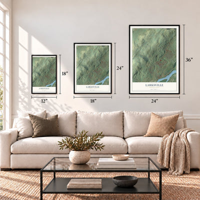 Larksville, Pennsylvania map in 12 x 18, 18 x 24 and 24 x 36 inch sizes above a sofa