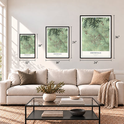 Smithville, Tennessee map in 12 x 18, 18 x 24 and 24 x 36 inch sizes above a sofa