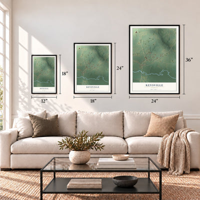 Keysville, Georgia map in 12 x 18, 18 x 24 and 24 x 36 inch sizes above a sofa