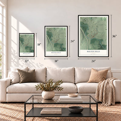Bolton Hills, Georgia map in 12 x 18, 18 x 24 and 24 x 36 inch sizes above a sofa