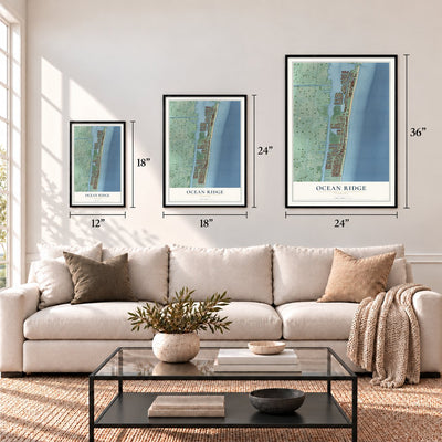 Ocean Ridge, Florida map in 12 x 18, 18 x 24 and 24 x 36 inch sizes above a sofa
