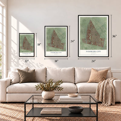 Panorama City, California map in 12 x 18, 18 x 24 and 24 x 36 inch sizes above a sofa