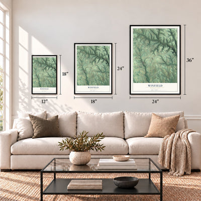 Winfield, Pennsylvania map in 12 x 18, 18 x 24 and 24 x 36 inch sizes above a sofa