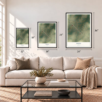 Point, Texas map in 12 x 18, 18 x 24 and 24 x 36 inch sizes above a sofa