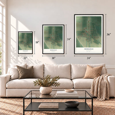 Merigold, Mississippi map in 12 x 18, 18 x 24 and 24 x 36 inch sizes above a sofa