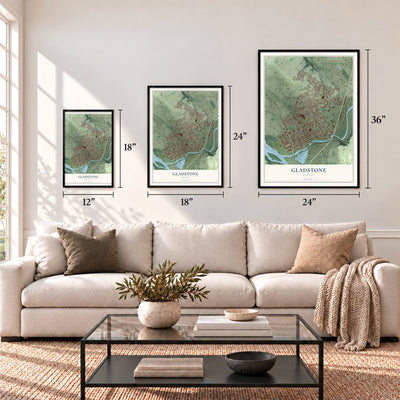 Gladstone, Oregon map in 12 x 18, 18 x 24 and 24 x 36 inch sizes above a sofa