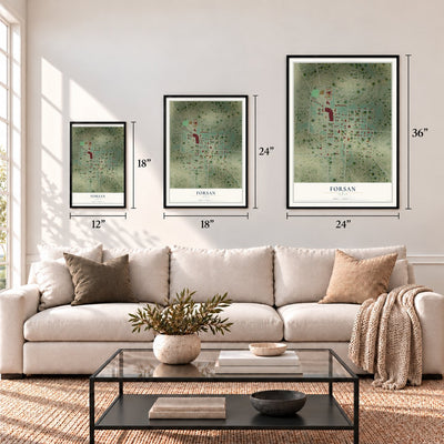 Forsan, Texas map in 12 x 18, 18 x 24 and 24 x 36 inch sizes above a sofa