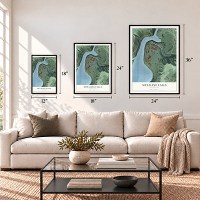 Metaline Falls, Washington map in 12 x 18, 18 x 24 and 24 x 36 inch sizes above a sofa