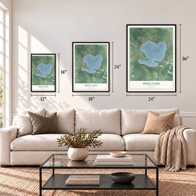 Shell Lake, Wisconsin map in 12 x 18, 18 x 24 and 24 x 36 inch sizes above a sofa