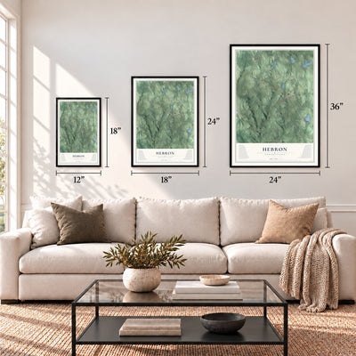 Hebron, Connecticut map in 12 x 18, 18 x 24 and 24 x 36 inch sizes above a sofa
