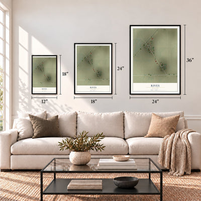 Rives, Missouri map in 12 x 18, 18 x 24 and 24 x 36 inch sizes above a sofa