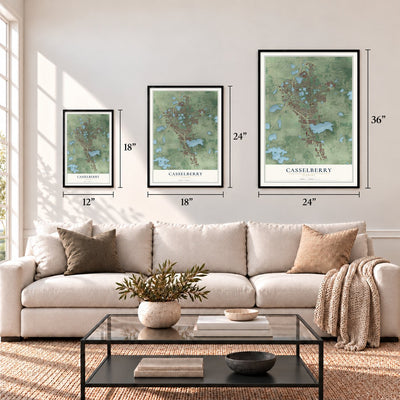 Casselberry, Florida map in 12 x 18, 18 x 24 and 24 x 36 inch sizes above a sofa