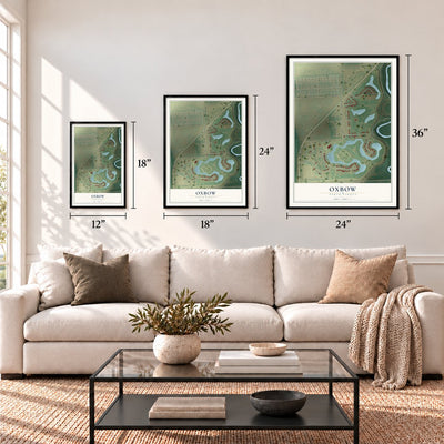 Oxbow, North Dakota map in 12 x 18, 18 x 24 and 24 x 36 inch sizes above a sofa