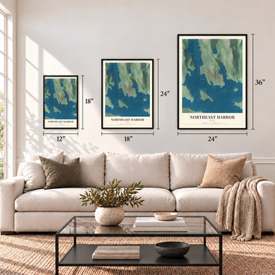 Northeast Harbor, Maine map in 12 x 18, 18 x 24 and 24 x 36 inch sizes above a sofa