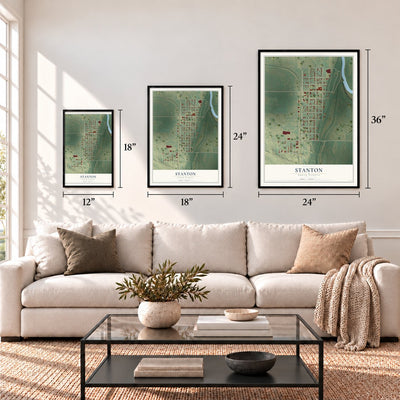 Stanton, North Dakota map in 12 x 18, 18 x 24 and 24 x 36 inch sizes above a sofa