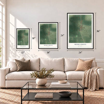 Meire Grove, Minnesota map in 12 x 18, 18 x 24 and 24 x 36 inch sizes above a sofa