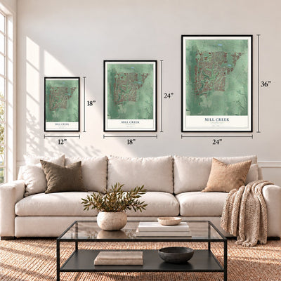 Mill Creek, Washington map in 12 x 18, 18 x 24 and 24 x 36 inch sizes above a sofa