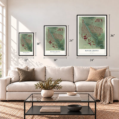 River Grove, Illinois map in 12 x 18, 18 x 24 and 24 x 36 inch sizes above a sofa