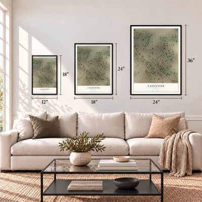 Valentine, Texas map in 12 x 18, 18 x 24 and 24 x 36 inch sizes above a sofa
