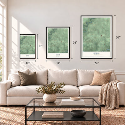 Keene, Michigan map in 12 x 18, 18 x 24 and 24 x 36 inch sizes above a sofa