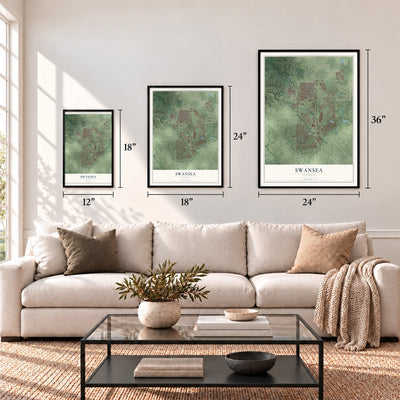 Swansea, Illinois map in 12 x 18, 18 x 24 and 24 x 36 inch sizes above a sofa