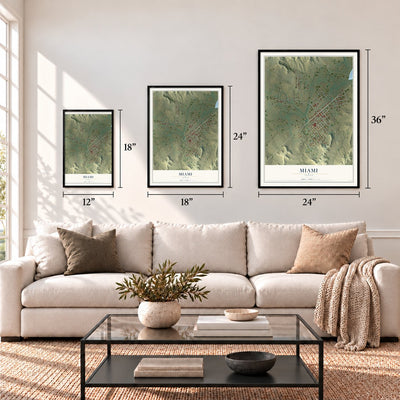 Miami, Texas map in 12 x 18, 18 x 24 and 24 x 36 inch sizes above a sofa