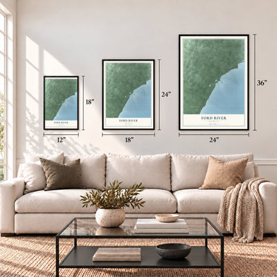 Ford River, Michigan map in 12 x 18, 18 x 24 and 24 x 36 inch sizes above a sofa