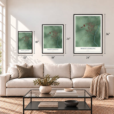 Mount Sterling, Ohio map in 12 x 18, 18 x 24 and 24 x 36 inch sizes above a sofa