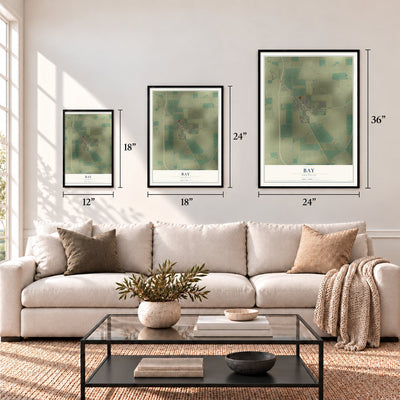 Bay, Arkansas map in 12 x 18, 18 x 24 and 24 x 36 inch sizes above a sofa